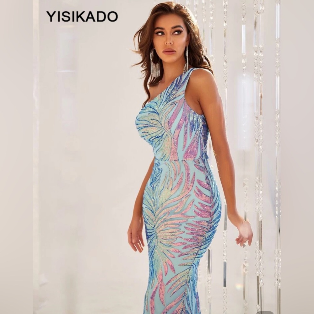 One-Shoulder Sequin Mermaid Dress in Pastel Blue - Picture 3 of 3
